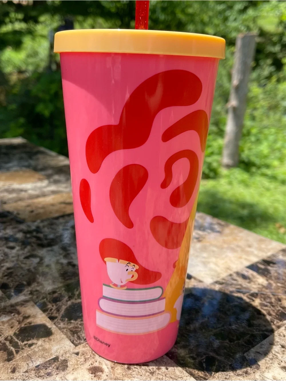 Disney Belle Pink, Yellow & Red Plastic Party Cup with Straw